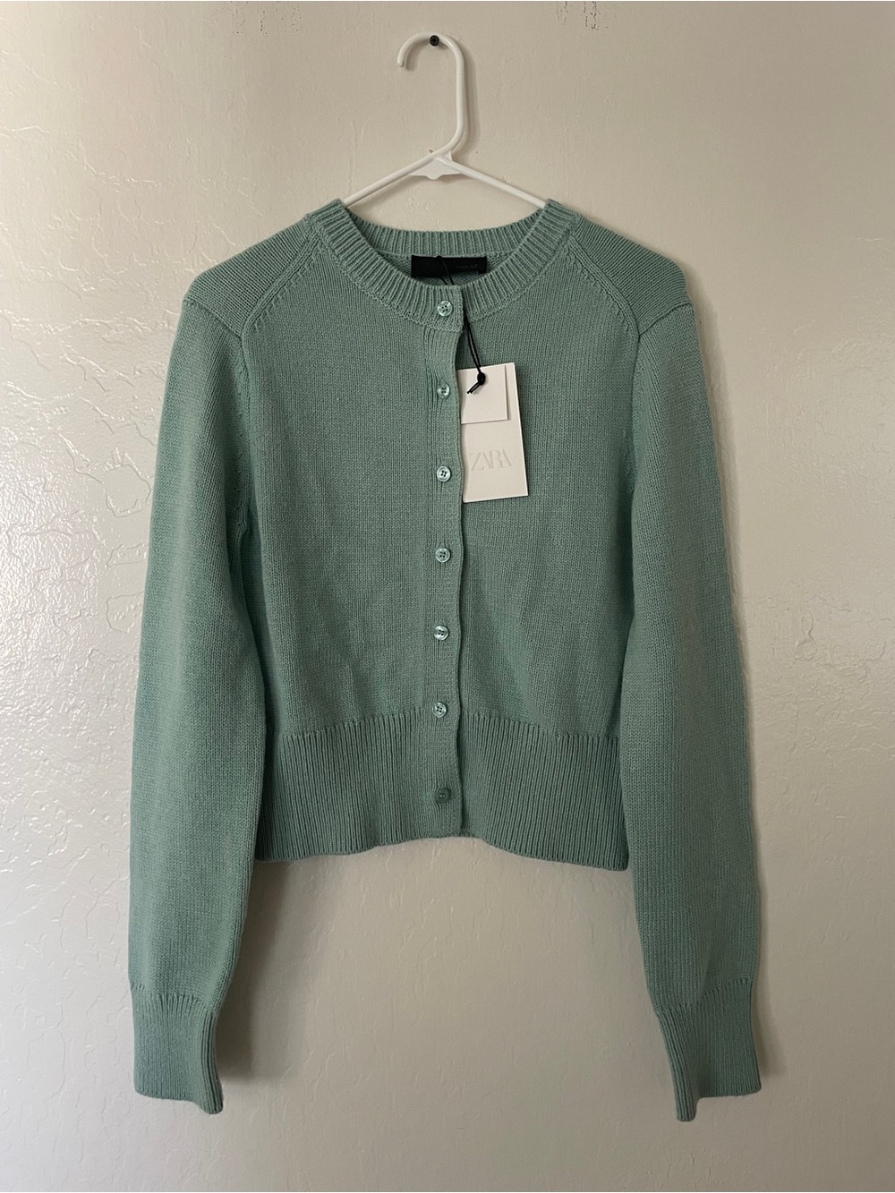 Zara Mint Green Button-Front Crewneck Cardigan